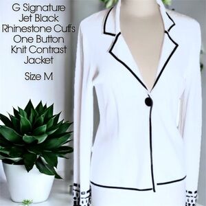 G Signature Jet Black Rhinestone Cuffs One Button Knit Contrast Sweater Jacket